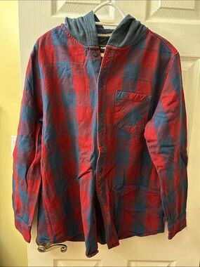 Tony Hawk Red and Blue Plaid Button-Down Shirt with Hood